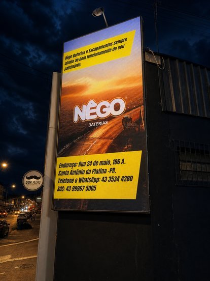 Painel de LED exibindo anúncio da Nêgo à noite